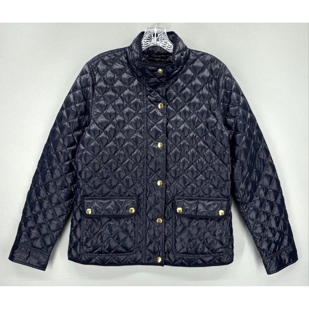 J.Crew Jacket Womens Medium Blue Quilted Down Puffer Zip Front Gold Snap Pockets